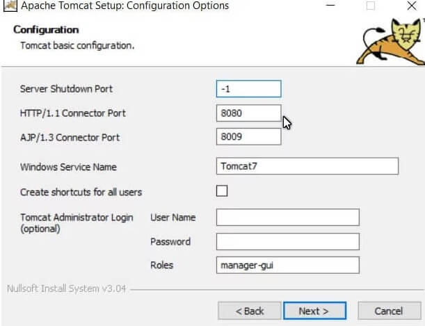 مرحله تعیین پورت وب سرور Apache Tomcat